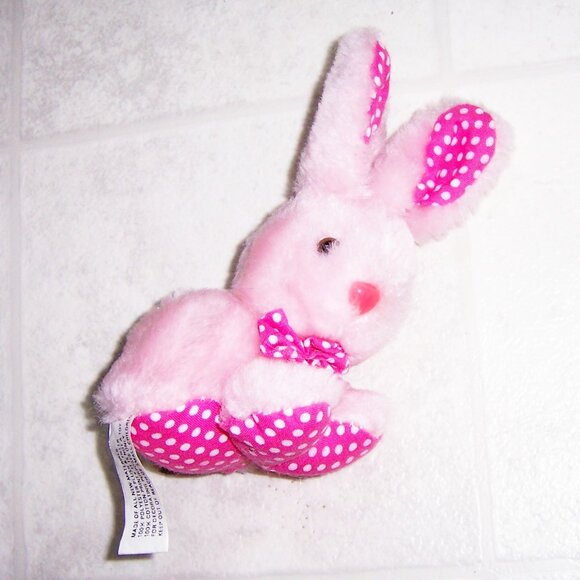 Vintage 90s Tiny Pink Polka Dot Bunny Rabbit Plush Stuffed Animal Toy - Picture 1 of 1